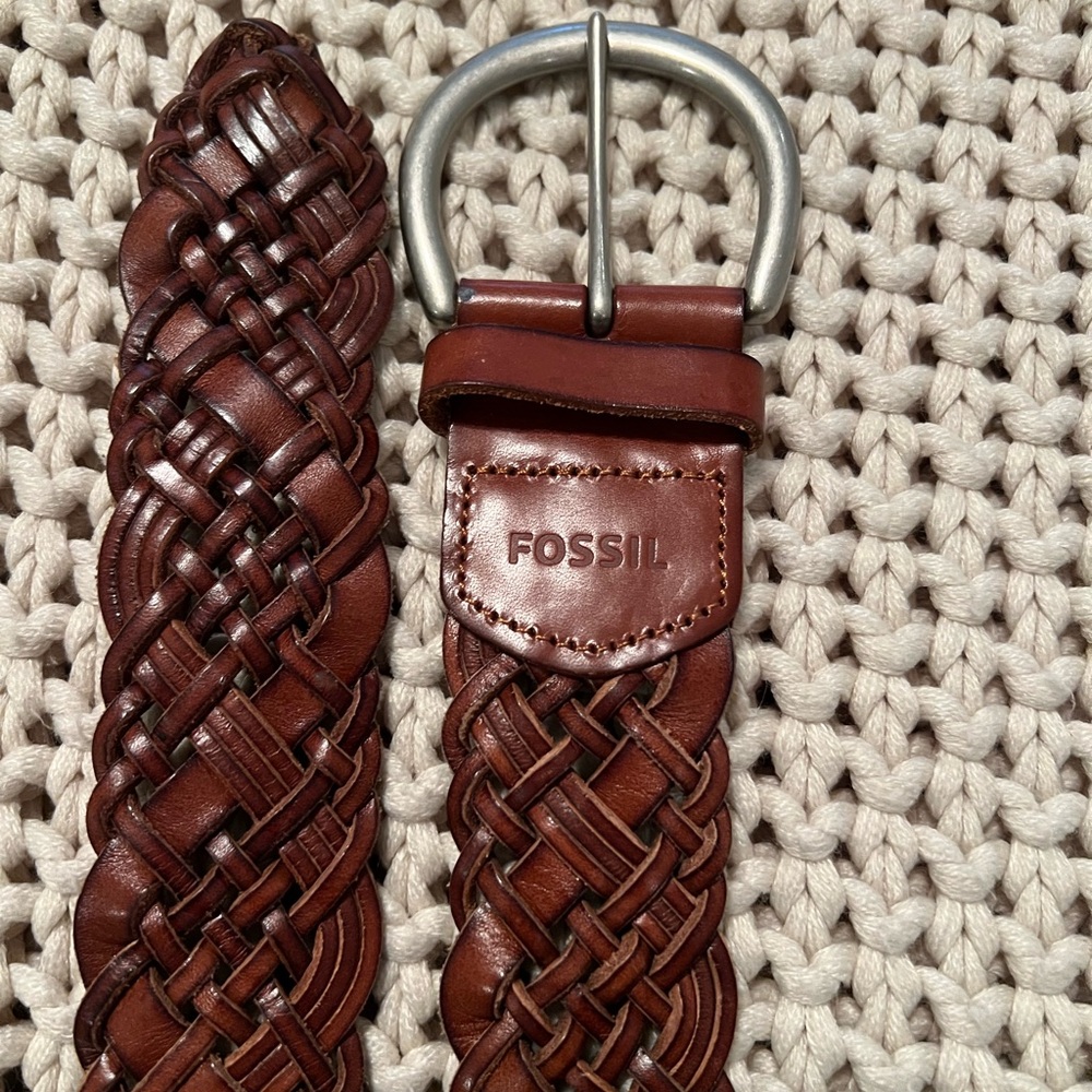 Braided Woven Brown Leather Fossil Belt Sz Sm